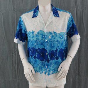 Vintage Hawaiian Shirt - Blue Multi-Flower Ring Pattern by Shoreline -Mens Large